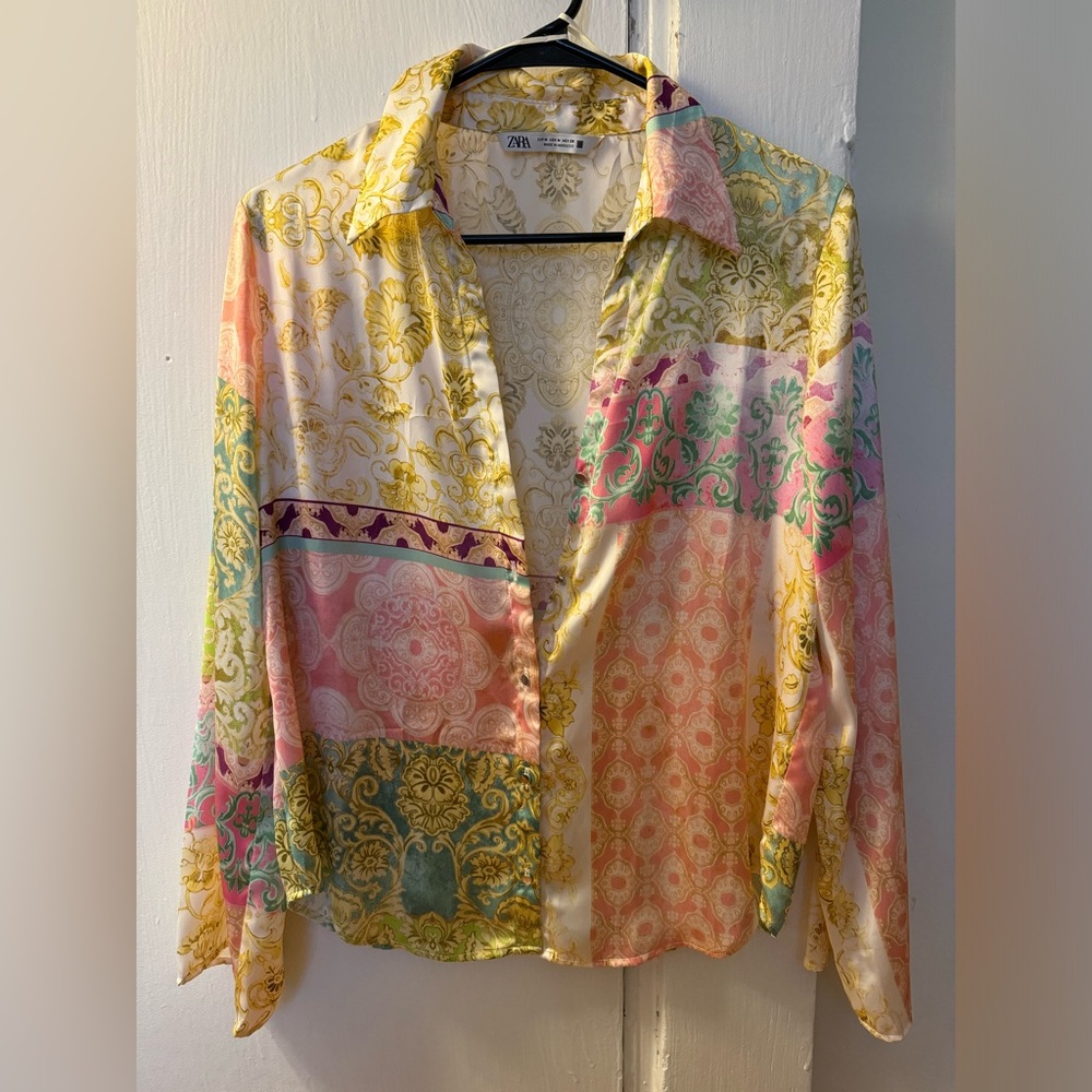 Zara Silk Multi-Colored Patterned Button-Up - image 1
